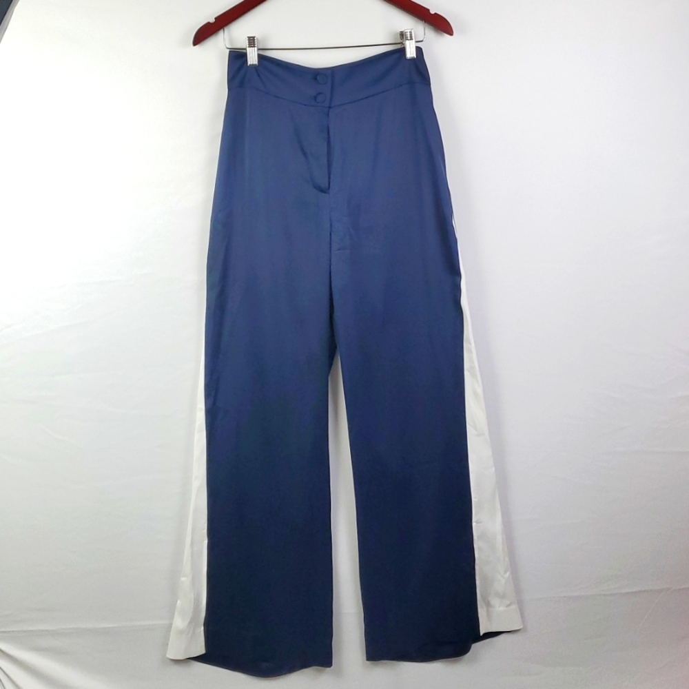 The Drop Women's Medieval Blue High‎ Waist Contrast Trim Wide Leg Pant Sz S